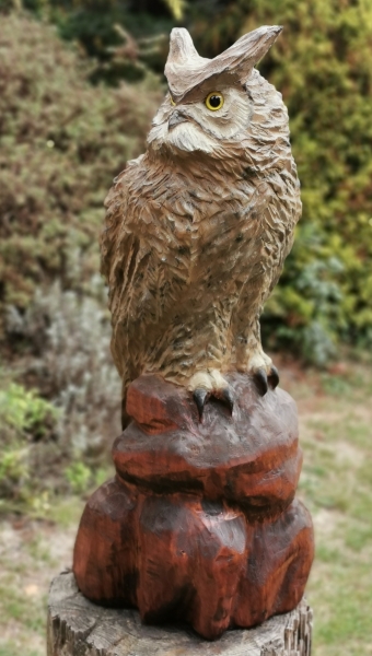 eule uhu motors�ge kettens�ge schnitzen holz kunst holzwerker